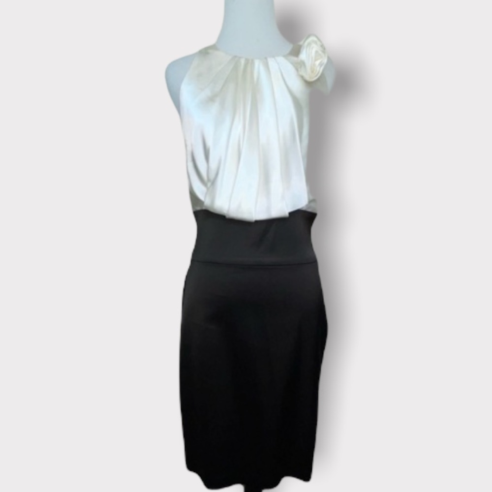 XSCAPE by Joanna Chen Cocktail Dress Sleeveless White Black Satin 8